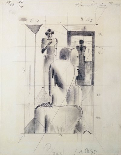 Figuren in een kamer, door Oskar Schlemmer, potlood op papier. Duitsland, 20e eeuw door Oskar Schlemmer