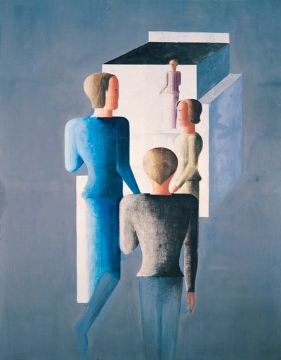 Vier figuren en een kubus door Oskar Schlemmer
