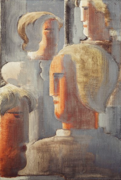 Groep van Vier Hoofden Grijs Blauw, Folkwang-Studie III door Oskar Schlemmer