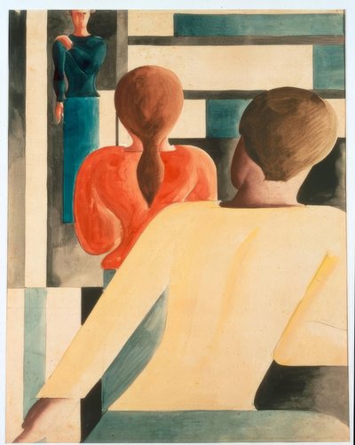 Interieur in blauw, geel en rood door Oskar Schlemmer