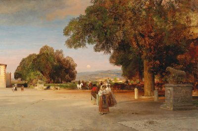 Frans: Promeneurs sur la terrasse de la Villa Grazioli à Grottaferrata Scène in de schemering op het terras van Villa Grazioli in Grottaferrata door Oswald Achenbach