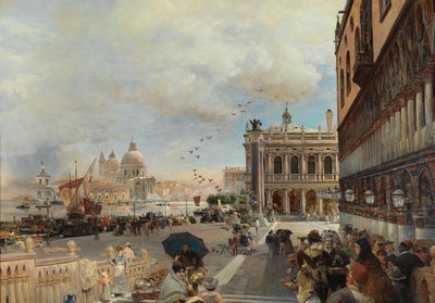 Venetië, uitzicht op de Piazzetta, met de Biblioteca Marciana, Santa Maria della Salute en de Dogana door Oswald Achenbach