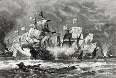 De Voorhoede, onder Sir William Winter, in gevecht met de Spaanse Armada, uit 