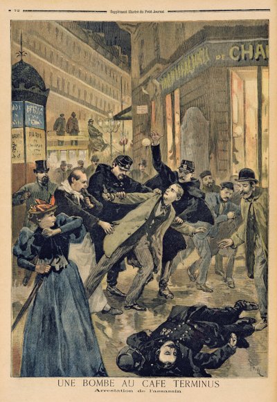 Een bom in het Café Terminus, de arrestatie van de moordenaar, illustratie uit 