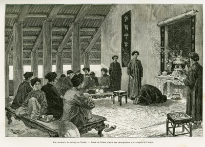 Een huwelijksceremonie in Tonkin. Gravure door Tofani, ter illustratie van het verhaal 