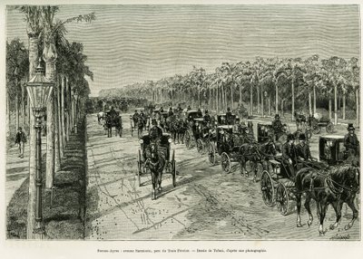 Buenos Aires, Sarmiento Avenue, Drie Februari Park. Gravure door Tofani, ter illustratie van het verhaal 