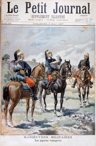 Franse militaire manoeuvres: gebruik van postduiven voor communicatie, 1897 door Oswaldo Tofani