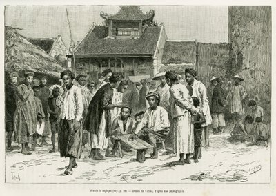 Spel van de sapeque. Gravure door Tofani, ter illustratie van het verhaal Trente mois au Tonkin, in 1884, door Dr Paul Hocquard, in le tour du monde 1890, onder leiding van Edouard Charton (1807-1890), Hachette, Parijs. door Oswaldo Tofani