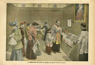 Illustratie door Oswaldo Tofani (1849-1915) in Le Pelerin, 03/04/04 - De zegen van paaseieren in Italië - Italië, Religie Geloof, Pasen, Katholiek Katholicisme - Ei door Oswaldo Tofani