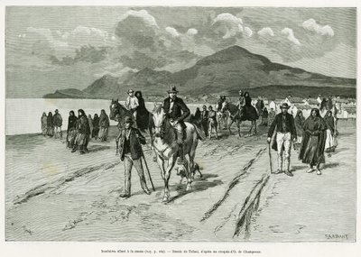 Eilandbewoners gaan naar de mis. Gravure door Tofani, ter illustratie van het verhaal Drie maanden in Ierland, in 1889, door Marie Anne de Bovet, in le tour du monde 1890, onder leiding van Edouard Charton (1807-1890), Hachette, Parijs. door Oswaldo Tofani