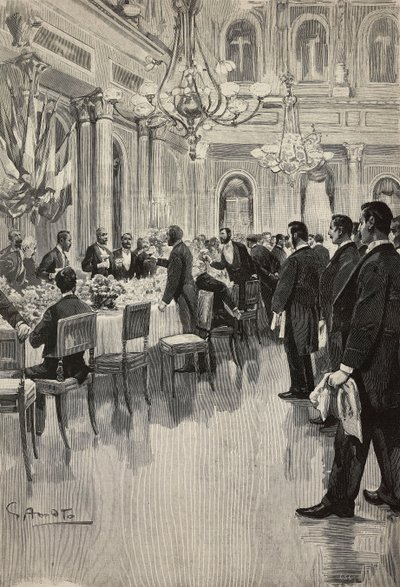 Italiaanse diplomaten proosten samen, Parijs, Frankrijk, gravure naar tekening van Gennaro Amato, naar schets van Osvaldo Tofani, uit L