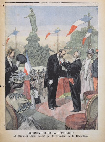 Jules Dalou wordt onderscheiden met de medaille van het Legioen van Eer door Emile Loubet, uit 