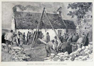 Mannen rennen door een deur met behulp van een buikboom om de bewoner uit de woning te verdrijven. Tekening door Tofani naar een schets van O. de Champeaux (19e eeuw). door Oswaldo Tofani