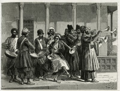 Muzikanten begroeten de zonsopgang in Isfahan (of Isfahan, stad in Iran). Gravure door Tofani, ter illustratie van het verhaal 