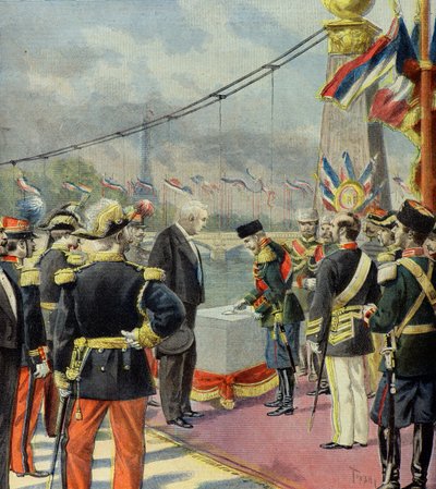 Nicolas 2 legt de eerste steen van de Alexandre 3 brug, in aanwezigheid van Felix Faure, Parijs 1896 (Gravure) door Oswaldo Tofani