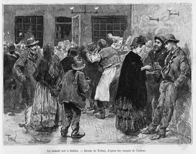 Zaterdagavond in Dublin. Gravure door Tofani, ter illustratie van het verhaal Trois mois en Irlande, in 1889, door Marie Anne de Bovet, in le tour du monde 1890, geregisseerd door Edouard Charton (1807-1890), Hachette, Parijs. door Oswaldo Tofani