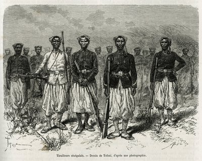 Senegalese ruiters van de expeditie-escorte. Gravure door Tofani, ter illustratie van het verhaal van Verkenning in Haut Niger, door commandant Gallieni, van de Mariniers, in 1880-1881, gepubliceerd in 