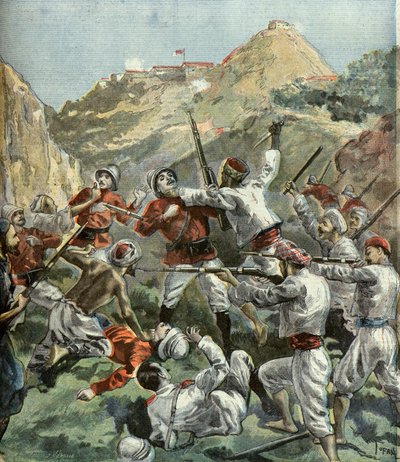 De Britten worden aangevallen bij het fort van Mala - Khan tijdens een opstand in India in 1897 (Gravure) door Oswaldo Tofani
