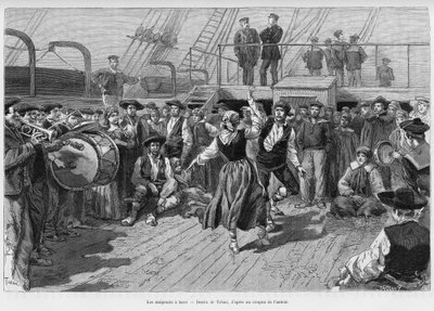 De emigranten aan boord. Gravure door Tofani ter illustratie van het verhaal 
