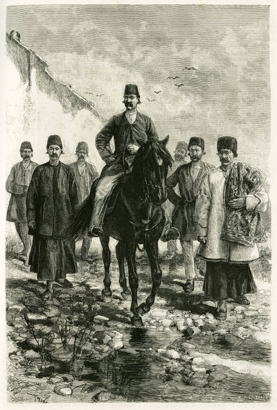 De gouverneur van Kachan (of Kashan, in de provincie Teheran, het huidige Iran) rijdt op een zwart paard en zijn gevolg is te voet. Gravure door Tofani, naar een foto, ter illustratie van het verhaal 