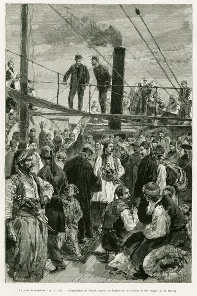 Het dek van het schip. Gravure door Tofani ter illustratie van het verhaal 
