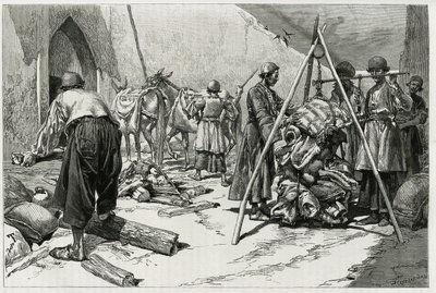 Het wegen van de bagage voor vertrek van de Delafoy Bruiloft Expeditie. Gravure door Tofani, ter illustratie van het verhaal 