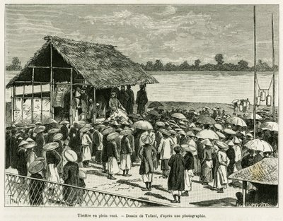 Theater in de wind. Gravure door Tofani, naar een foto, ter illustratie van het verhaal 