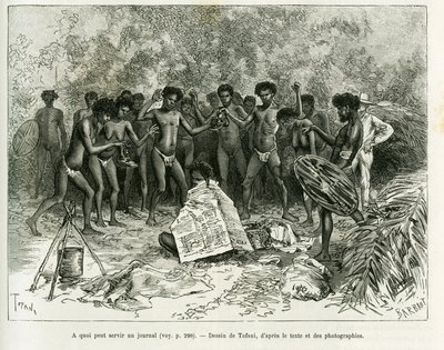Waar kan een krant voor gebruikt worden? Gravure door Tofani, ter illustratie van het verhaal 