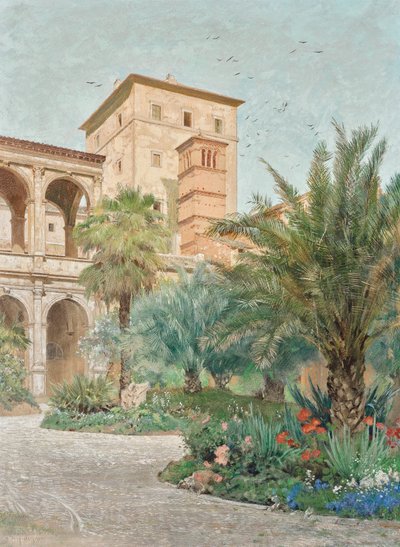Gezicht op de ambassade in Rome: tuin met uitzicht op arcades door Othmar Brioschi
