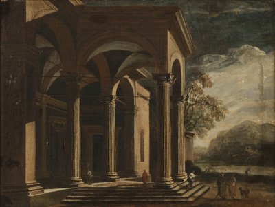 Architectonische fantasie paleis in een landschap door Ottavio Viviani