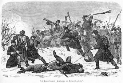 Første Infanteriregiment i Haandgemæng met Regimentet "Martini", pub. 1865 door Otto Bache
