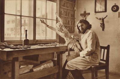 Houtsnijderswerkplaats in Oberammergau, Alois Lang, de vertegenwoordiger van Christus in het Passiespel 1930 door Otto Ballerstedt