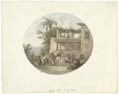 Dansers op een terras voor een herberg door Otto Baron Howen