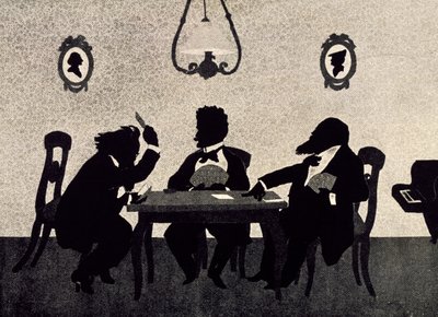 Kaartspel tussen Johannes Brahms, Richard Strauss en Hans Richter, zwarte silhouet door Otto Bohler door Otto Bohler