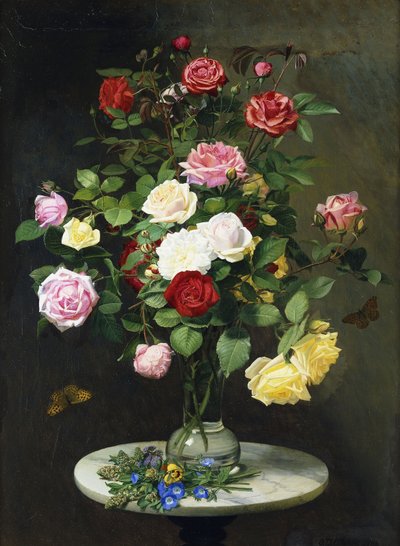 Een boeket rozen in een glazen vaas met wilde bloemen op een marmeren tafel, 1882 door Otto Didrik Ottesen