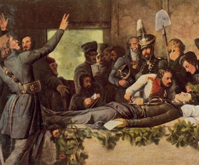 De Lützowers bij het lijk van Körner, 26 augustus 1813 (kleurenlitho) door Otto Donner von Richter