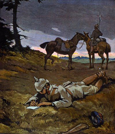 Eerste Wereldoorlog (1914-1918): Duitse ruiters in verkenning in 1914. Ze dragen piekhelmen. Schilderij door Otto Flechner voor het tijdschrift “Jugend”. 20e eeuw door Otto Flechtner