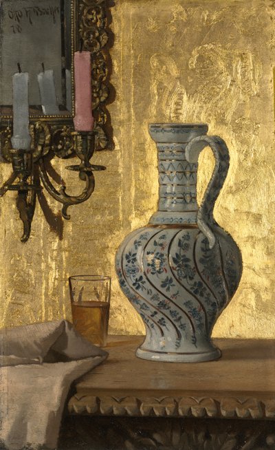 Kan en een glas op een tafel, 1878 door Otto H. Bacher