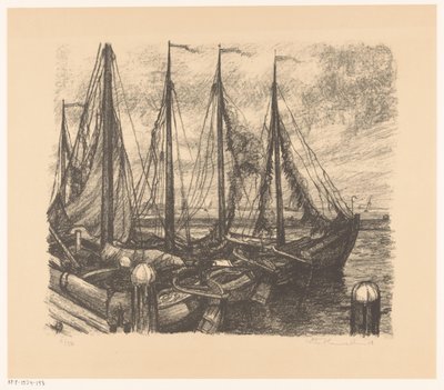 Afgemeerde vissersschepen in een haven door Otto Hanrath (signed by artist)