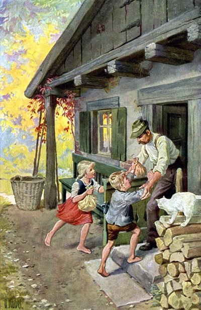 Hans en Grietje vinden hun weg terug naar huis (postkaart) door Otto Kubel