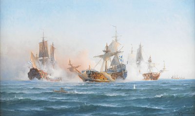 HMS Wachtmeister vecht tegen het Russische squadron op 4 juni 1719 door Otto Ludvig Richarde