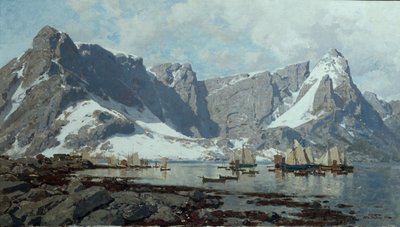 Sneeuwlandschap van Reine, Lofoten door Otto Ludvig Sinding