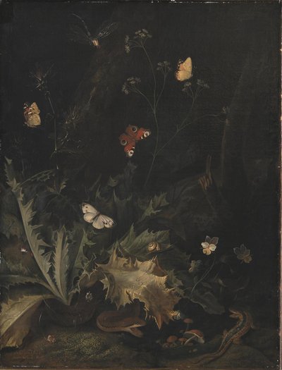 Een bosbodem met een distel, een slang, een hagedis en vlinders door Otto Marseus  van Schrieck