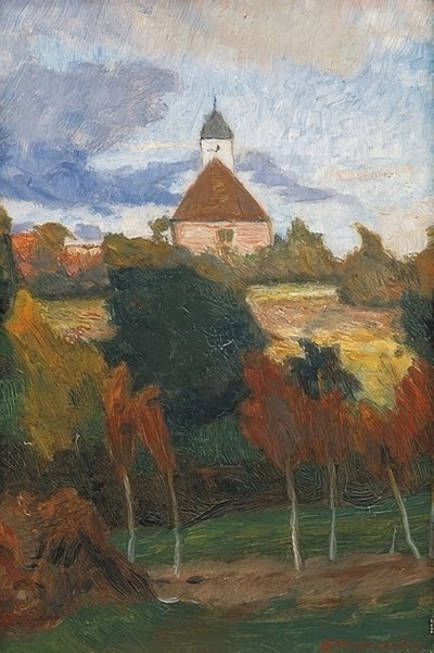 Uitzicht op de kerk van Worpswede. Omstreeks 1895 door Otto Modersohn