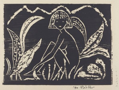 Naakt meisje in een landschap (Madchenzwischen Blattpflanzen) door Otto Müller