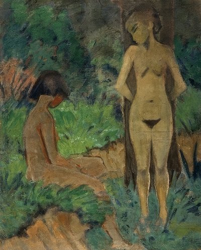 Baden onder bomen. Omstreeks 1912 door Otto Mueller