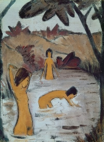 Drie baders in de vijver. Om 1912 door Otto Mueller