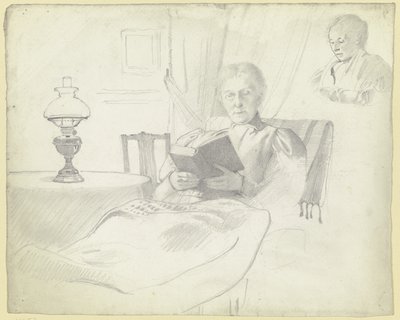 Luise Scholderer lezend met tafel en lamp, borstbeeld van een vrouwelijke figuur op de achtergrond door Otto Scholderer