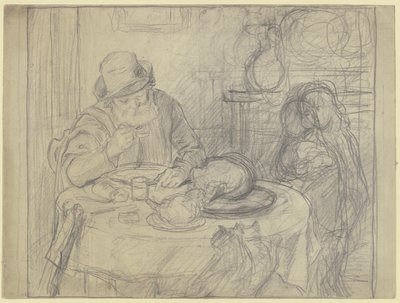 Man aan de eettafel met kind en kat door Otto Scholderer