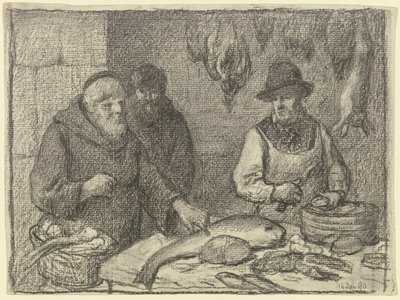 Monnik met een vishandelaar door Otto Scholderer